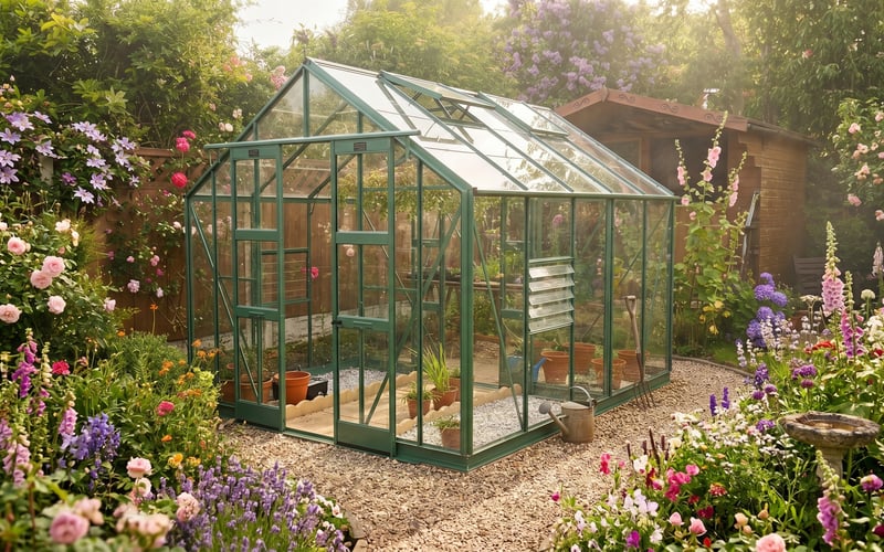 Green Elite Belmont greenhouse in a country cottage garden with summer borders and a gravel path