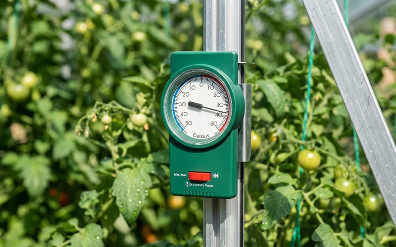 Vitavia max-min thermometer clipped to an aluminium greenhouse bar with tomato foliage behind, showing greenhouse temperature