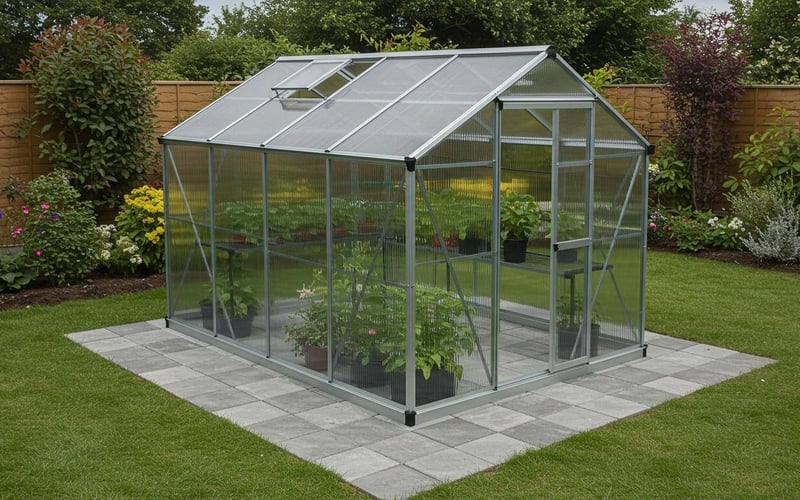 Greenhouse installed on a level paving slab base with visible drainage gaps between slabs