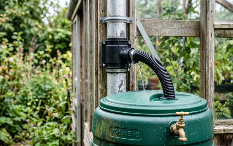 Rain diverter connector fitted to a greenhouse downpipe feeding a green water butt