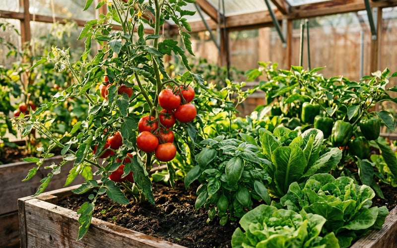 Tomatoes peppers lettuce and herbs growing in a raised bed inside a greenhouse