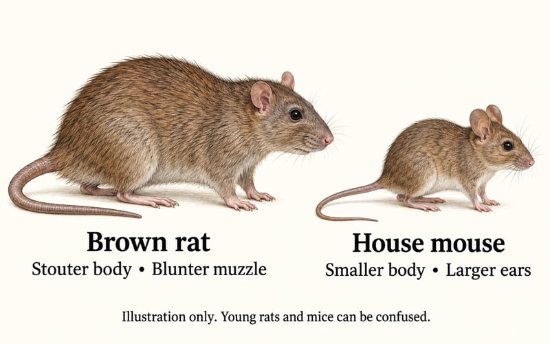 Illustration comparing an adult brown rat with a house mouse