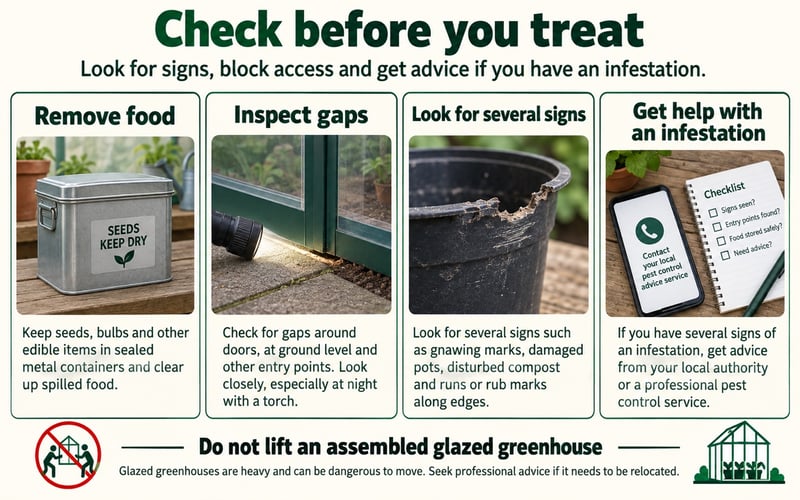 Illustrated greenhouse rat-prevention checks: food storage, gaps, signs and professional help