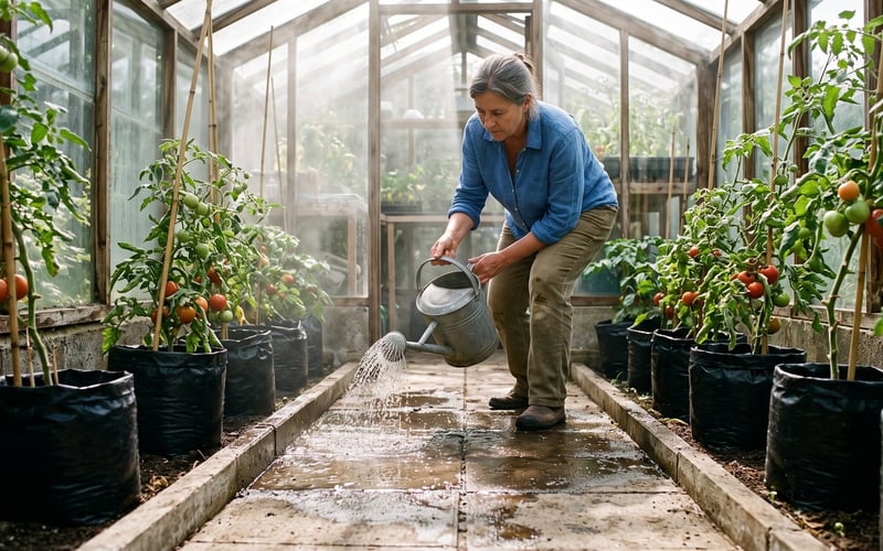 Damping down a greenhouse path with a watering can to raise humidity and lower temperature