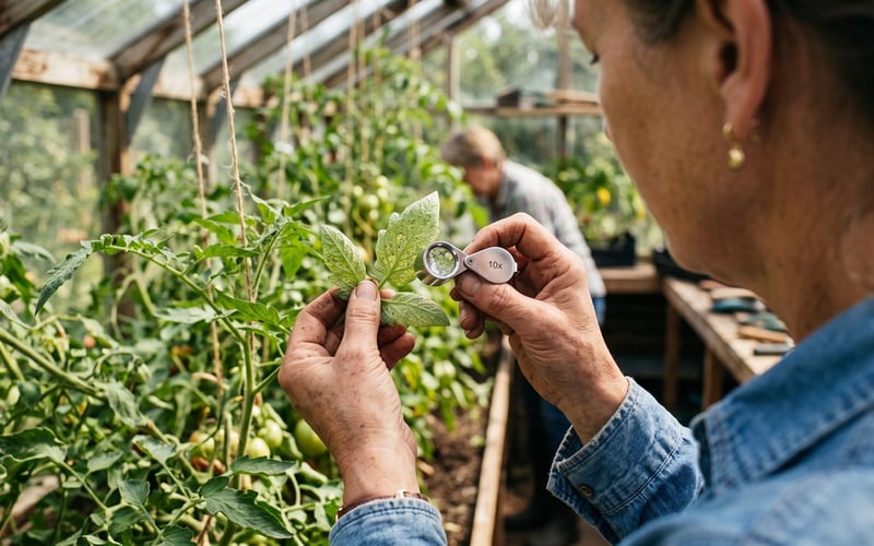 Gardener checking the underside of a tomato leaf with a hand lens for red spider mite