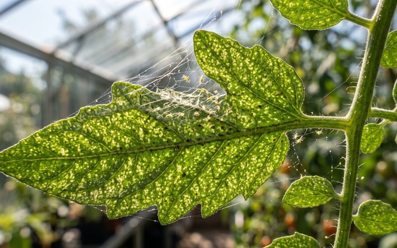 Fine pale stippling and silk webbing from glasshouse red spider mite on a backlit tomato leaf