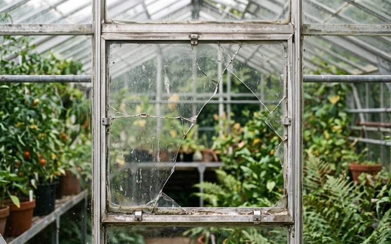 A cracked pane of horticultural glass held in the aluminium frame of a greenhouse, ready to be replaced