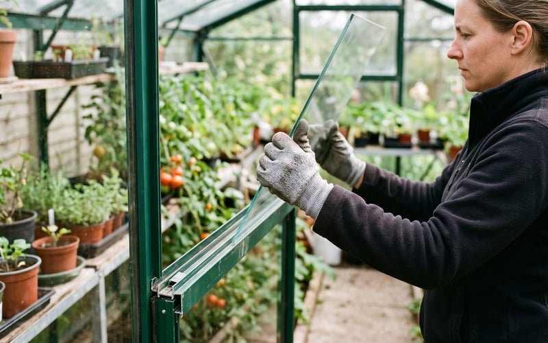A gloved installer sliding a new pane of glass into the aluminium glazing channel of a greenhouse