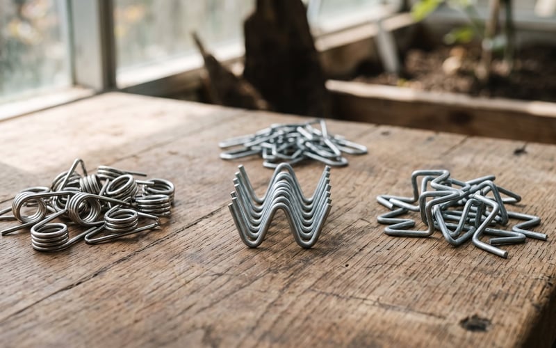 Greenhouse glazing clips laid out on a workbench: stainless spring clips, W clips and Z clips for identification