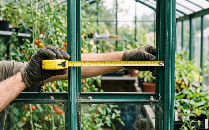 Gloved hands measuring a greenhouse glazing aperture between aluminium bars with a steel tape measure