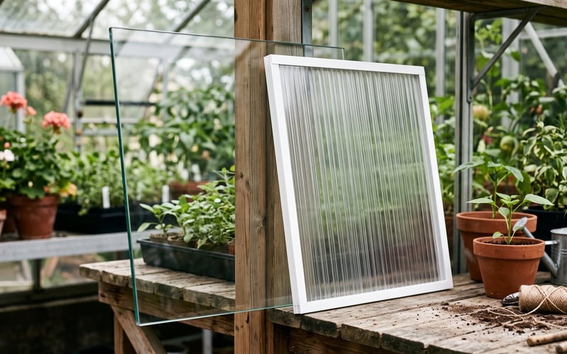 A sheet of clear horticultural glass beside a twin-wall polycarbonate panel showing the air gap, for comparison