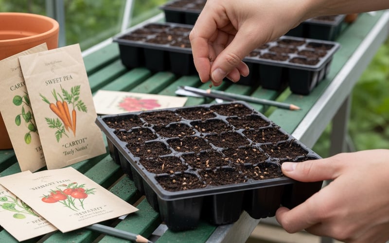 Seeds being sown into cell trays in a greenhouse