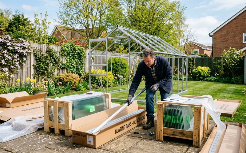 Unpacking a new flat-pack aluminium greenhouse on a UK patio