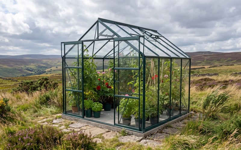 Green Vitavia Phoenix greenhouse sheltering plants in an exposed breezy UK hillside garden under a cloudy sky