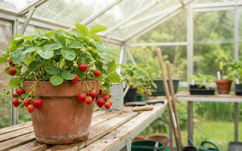 Red strawberries growing in pots on a greenhouse shelf