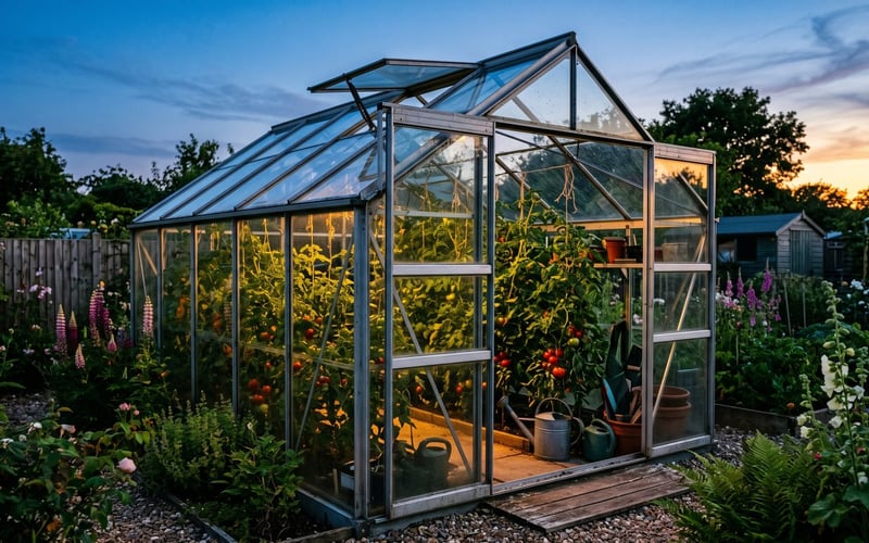 Greenhouse roof vent and door propped open at dusk for overnight ventilation during a heatwave