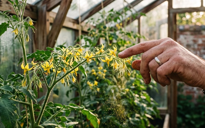 Gardener tapping a tomato flower truss to release pollen in a greenhouse
