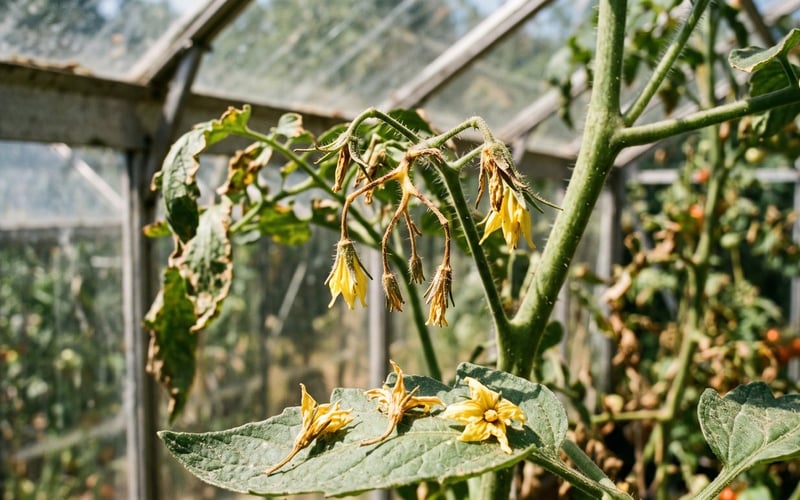 Tomato truss in a greenhouse with dried yellow flowers dropping and no fruit set after heat stress