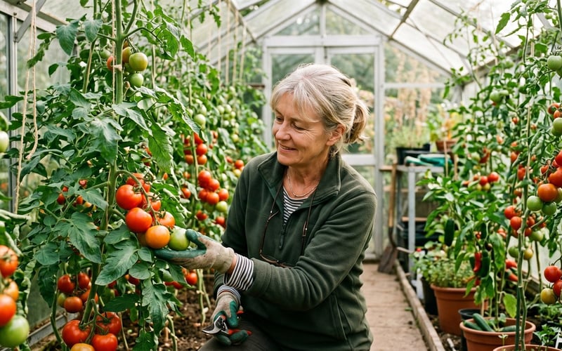 Gardener inspecting greenhouse tomato plants for problems on the leaves and trusses