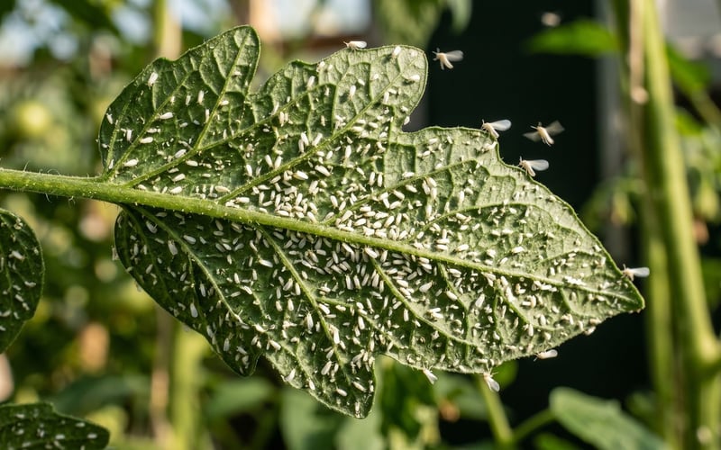 Underside of a greenhouse tomato leaf covered in tiny white whitefly, a common sap-sucking pest