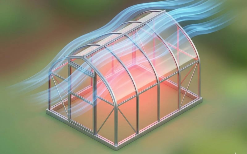 Diagram showing wind flow over a greenhouse roof creating uplift and internal pressure