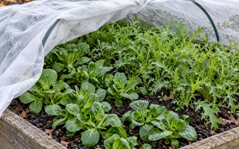 Illustration of established winter salad plants beneath fleece on low hoops