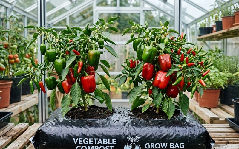 Two pepper plants carrying ripe red and green peppers growing in a grow bag inside a greenhouse