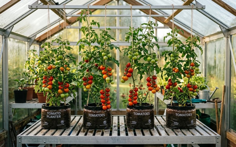 Grow bags planted with ripening tomato plants on staging inside a UK greenhouse