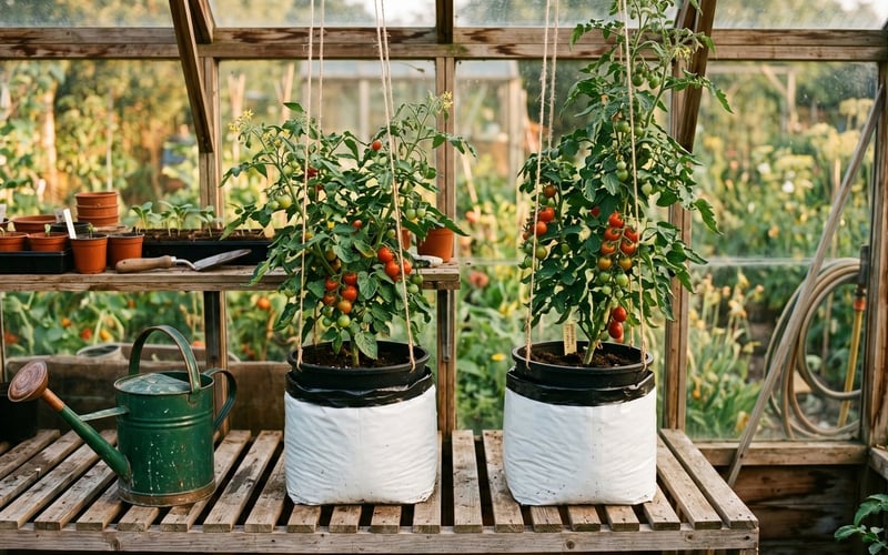 Grow bags fitted with bottomless ring-culture pots growing tall tomato plants on a greenhouse bench