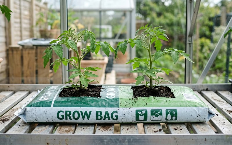 Two young tomato plants growing from the cut holes of a single grow bag on greenhouse staging