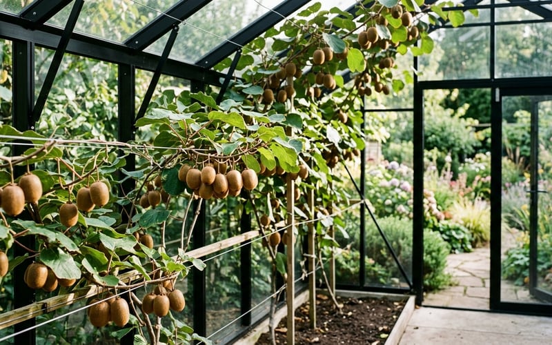 Kiwi fruit vines growing inside a modern UK greenhouse with ripe fruit hanging from trained wires above staging