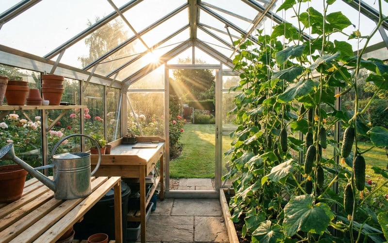 Healthy cucumber plants growing on vertical strings inside a UK aluminium greenhouse