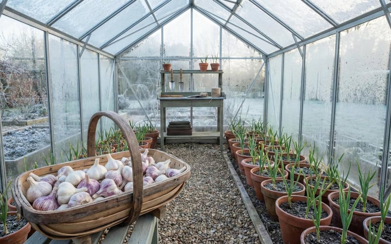 A gardener holding a basket of freshly harvested garlic inside a British aluminium greenhouse with frost on the glass