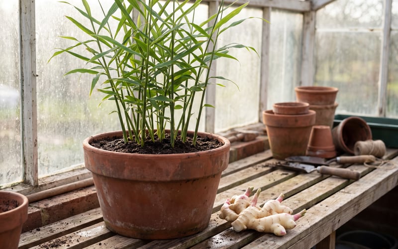 Culinary ginger growing in a wide terracotta pot beside freshly lifted rhizomes on greenhouse staging