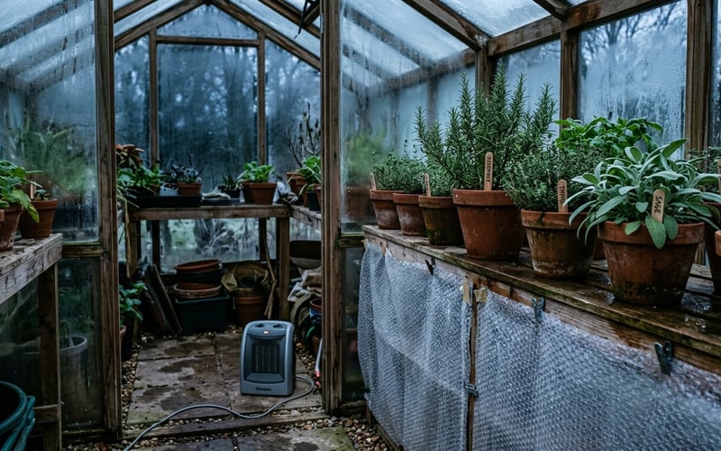 Growing herbs in a greenhouse in winter with bubble wrap insulation and hardy herbs on staging