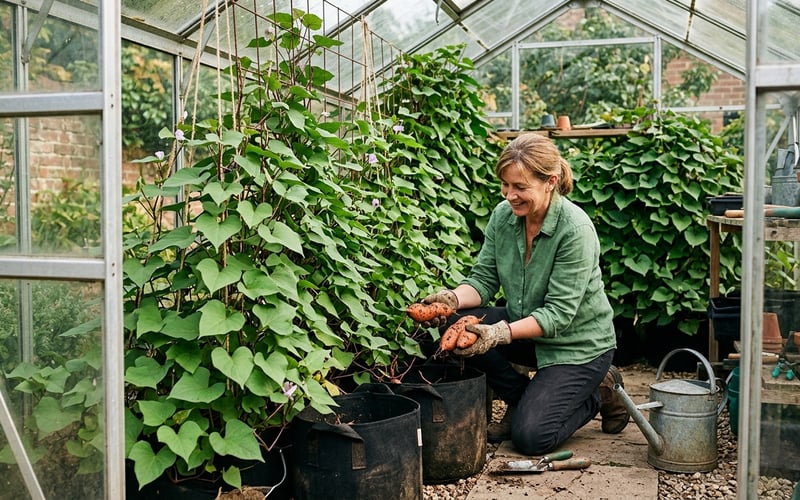 Growing sweet potatoes in a UK greenhouse with vines trained above deep containers