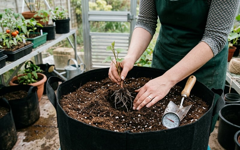 Planting one rooted sweet potato slip in a deep greenhouse grow bag