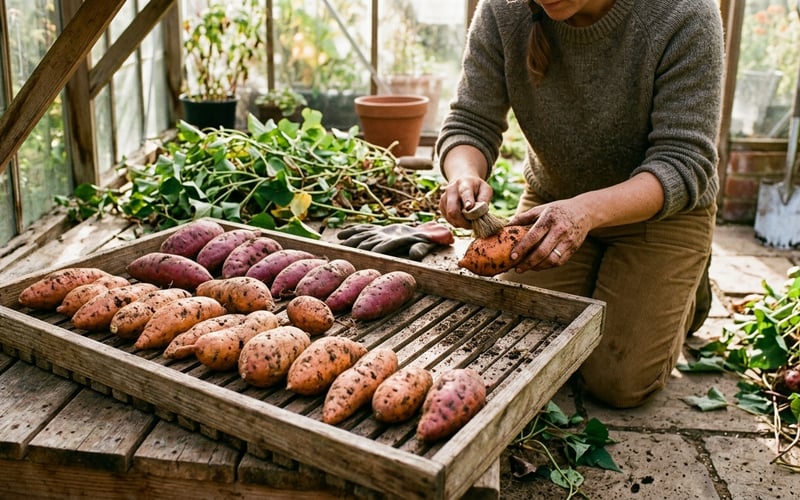 Fresh UK greenhouse sweet potatoes drying on a slatted tray before curing