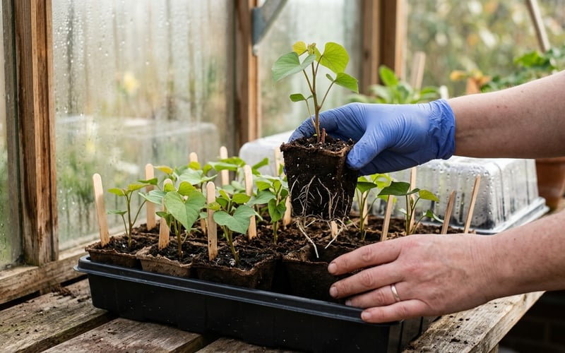 Rooted sweet potato slips ready for potting in a warm UK greenhouse