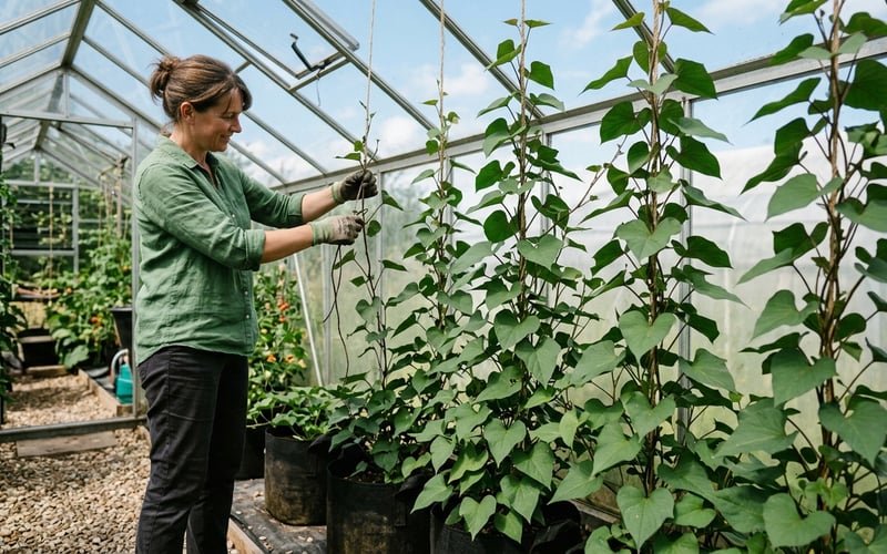 Training vigorous sweet potato vines up vertical strings in a UK greenhouse