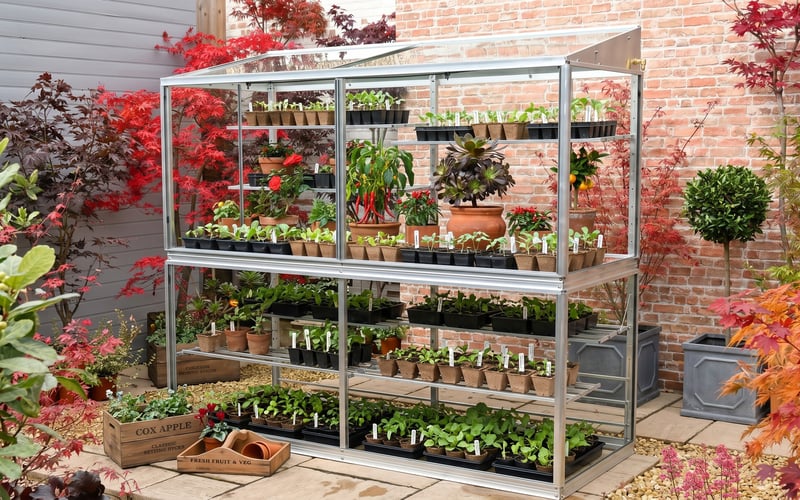 Aluminium mini greenhouse with the door open and shelves of seedlings acclimatising against a brick wall in a UK garden