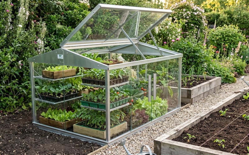 Aluminium Access cold frame with the lid open and hardened-off seedlings beside a raised vegetable bed in a country garden