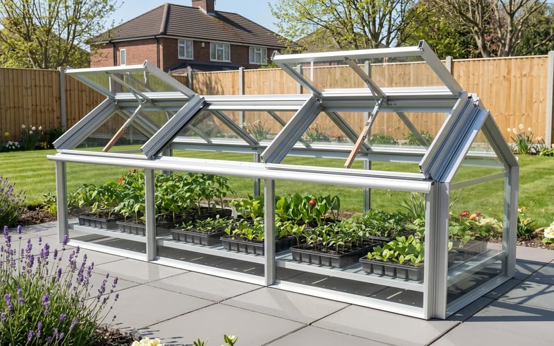 Aluminium cold frame with lids propped open and trays of young seedlings inside in a suburban UK garden