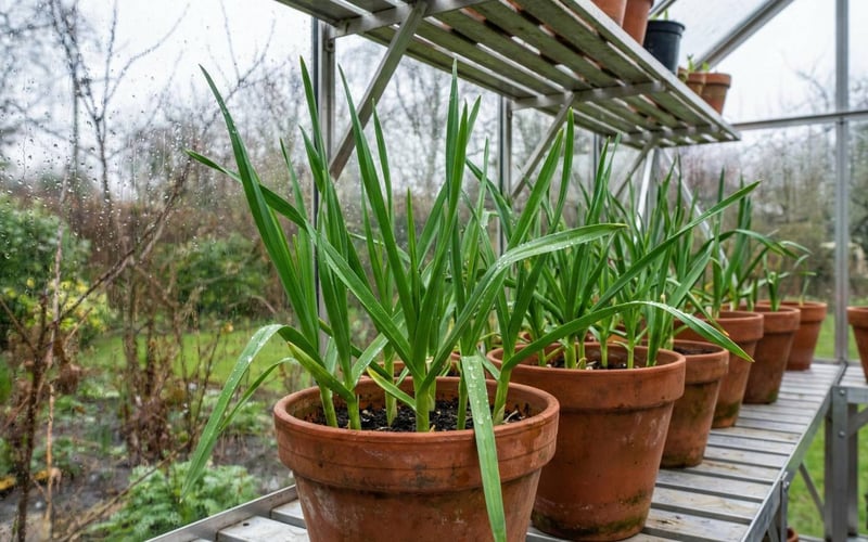 Close up of bright green healthy garlic shoots growing in pots on greenhouse staging contrasting with a rainy garden outside