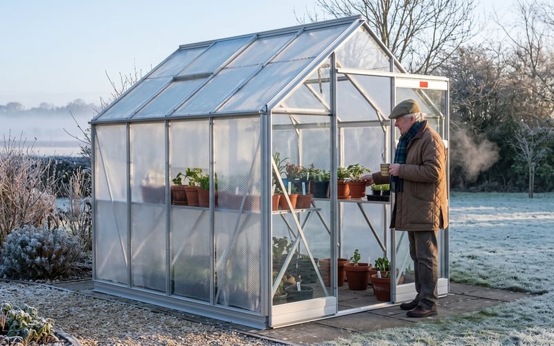 Gardener in a winter coat checking plants at the door of a frosted aluminium greenhouse lined with bubble wrap insulation on a cold morning