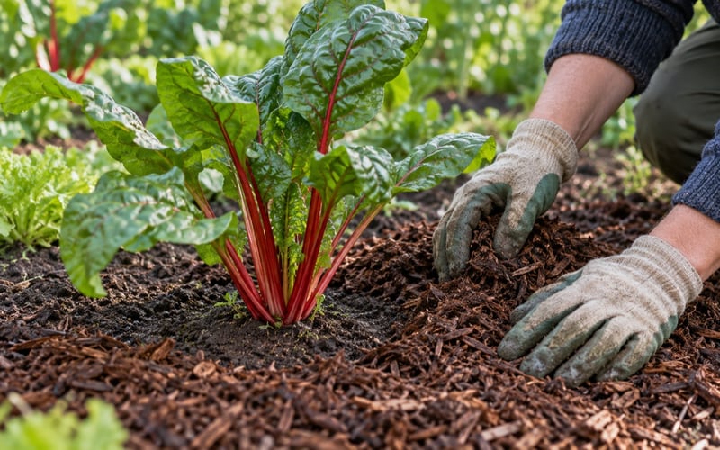 Illustration of spreading bark mulch around chard while keeping the stems clear