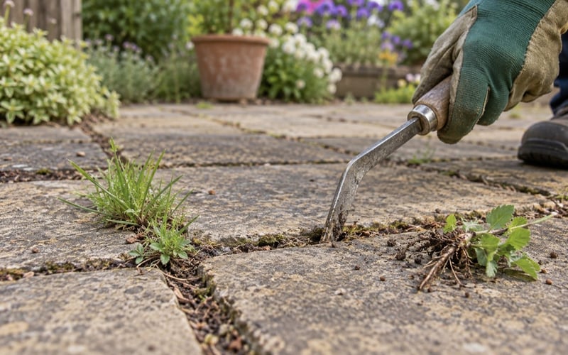 Illustration of manually removing small weeds from paving joints with a hand tool