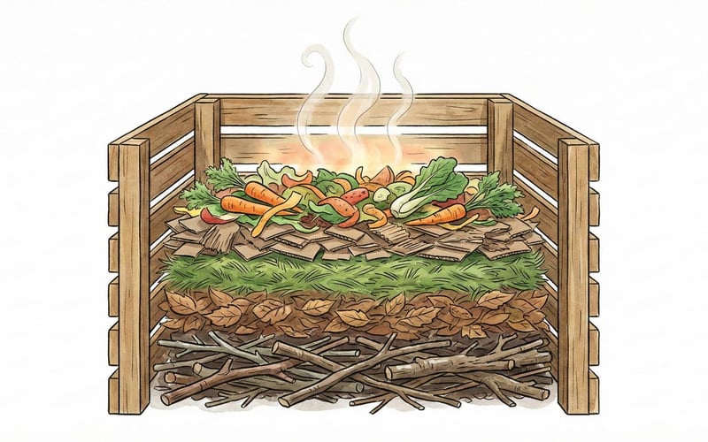 Cross-section of a wooden compost bin showing alternating layers of green and brown waste with steam rising