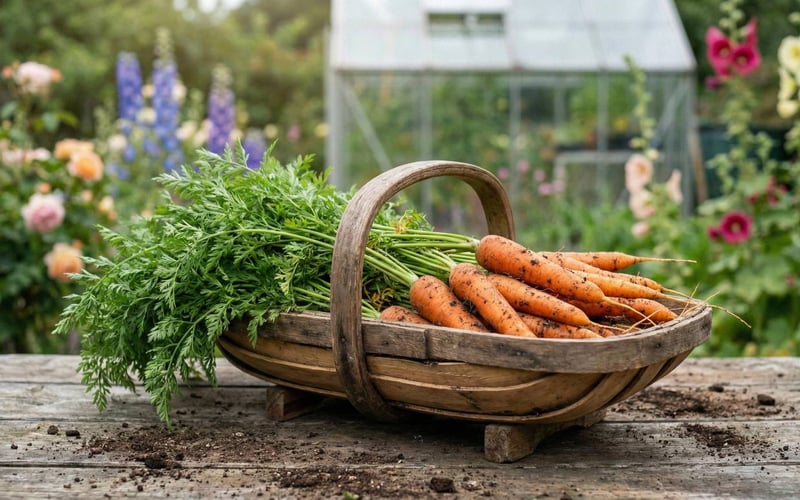 Freshly harvested orange carrots with green tops in a wooden trug in a UK garden