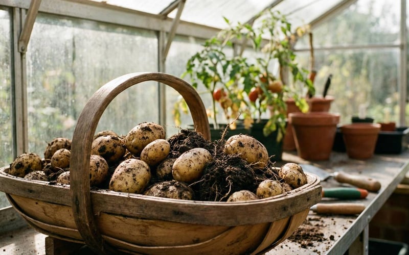 Freshly harvested potatoes in a trug basket inside a UK greenhouse